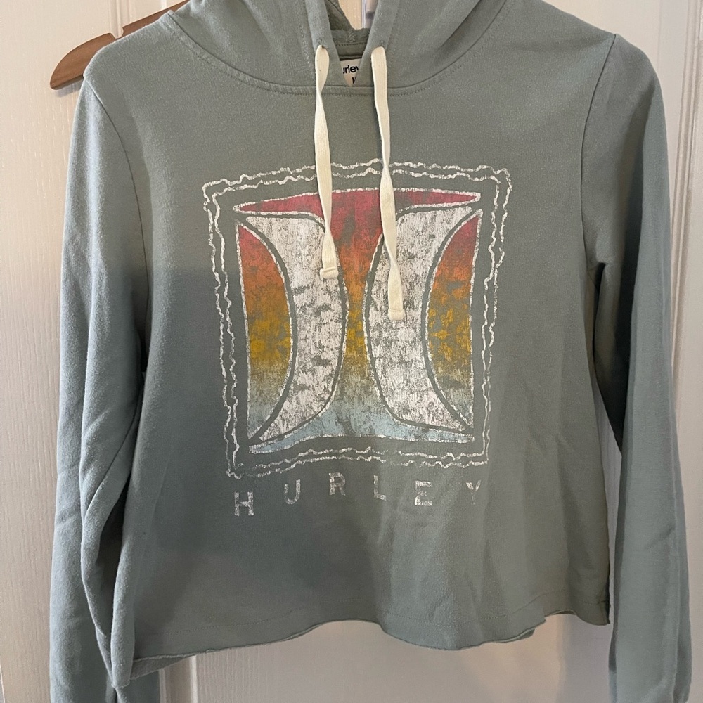 Hurley Sage Green Cropped Hoodie with Multicolor Logo Accents